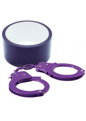 Набор для фиксации BONDX METAL CUFFS AND RIBBON: фиолетовые наручники из листового материала и липкая лента