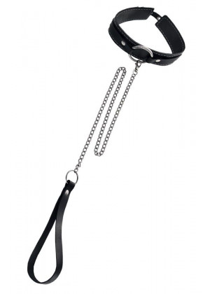 Черный двухслойный ошейник с белой строчкой и поводком
