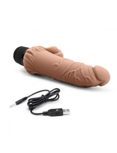 Кофейный вибратор-реалистик с клиторальными лепестками 7  Realistic Vibrator - 21,5 см.