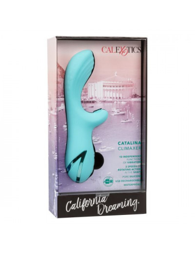 Голубой вибратор-ротатор с клиторальным отростком Catalina Climaxer - 20,25 см.