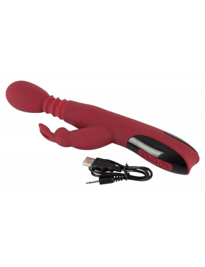 Красный вибромассажер с клиторальным отростком Rabbit Vibrator - 26,5 см.