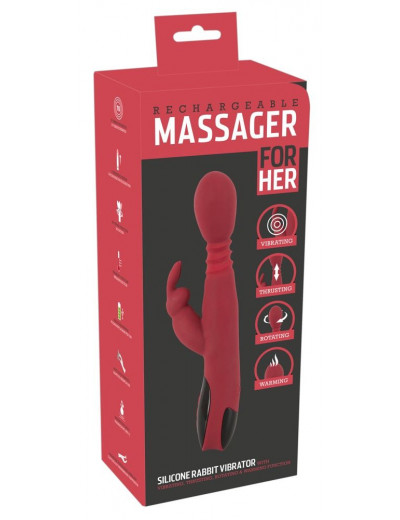 Красный вибромассажер с клиторальным отростком Rabbit Vibrator - 26,5 см.
