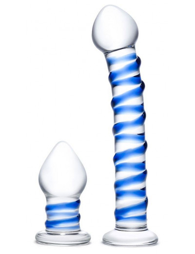 Набор из 2 стеклянных игрушек с синей спиралью Swirly Dildo   Buttplug Set