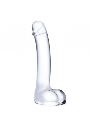 Прозрачный стеклянный фаллос с мошонкой Curved G-Spot - 18 см.