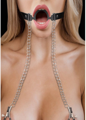 Черный кляп-кольцо с зажимами для сосков O-Ring Gag With Nipple Clamps