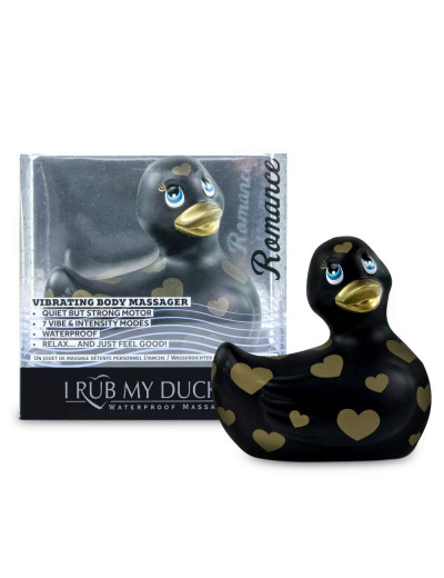 Черный вибратор-уточка I Rub My Duckie 2.0 Romance с золотистым принтом