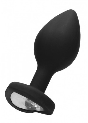 Черная анальная пробка с прозрачным стразом Large Ribbed Diamond Heart Plug - 8 см.