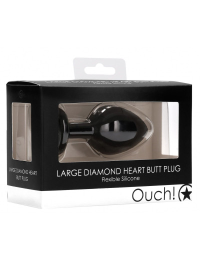 Черная анальная пробка с прозрачным стразом Large Ribbed Diamond Heart Plug - 8 см.