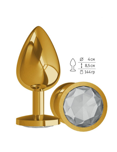 Золотистая большая анальная пробка с прозрачным кристаллом - 9,5 см.