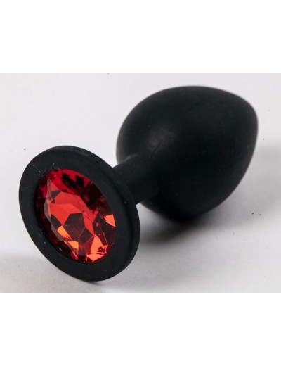 Черная силиконовая анальная пробка с красным кристаллом - 9,5 см.