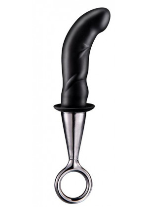 Чёрный изогнутый ребристый анальный плаг ANAL PLUG WITH PLATED HANDLE