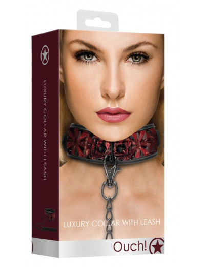 Красно-черный широкий ошейник с поводком Luxury Collar with Leash