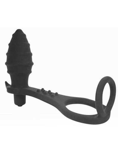 Черное кольцо с анальным вибростимулятором Cockring and Anal Pleasure