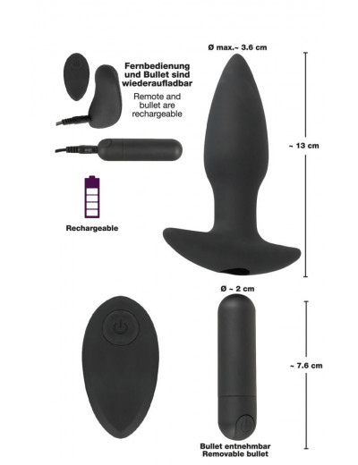 Черная анальная вибропробка с пультом ДУ Remote controlled Butt Plug - 13 см.