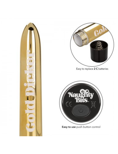 Золотистый классический вибратор Naughty Bits Gold Dicker Personal Vibrator - 19 см.