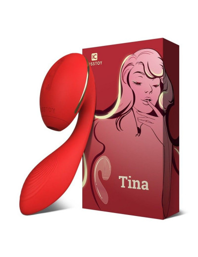 Красный вибромассажер Tina со стимулятором клитора - 17,5 см.