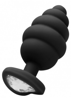 Черная анальная пробка Regular Ribbed Diamond Heart Plug - 7 см.