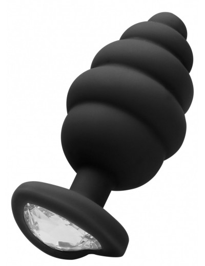 Черная анальная пробка Regular Ribbed Diamond Heart Plug - 7 см.