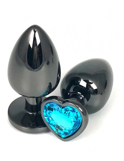 Черная металлическая анальная пробка с голубым стразом-сердечком - 6,5 см.