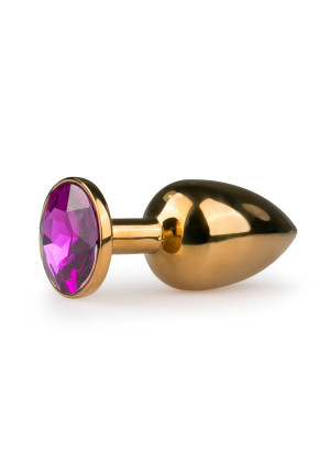 Золотистая анальная пробка с фиолетовым кристаллом Metal Butt Plug - 7,2 см.