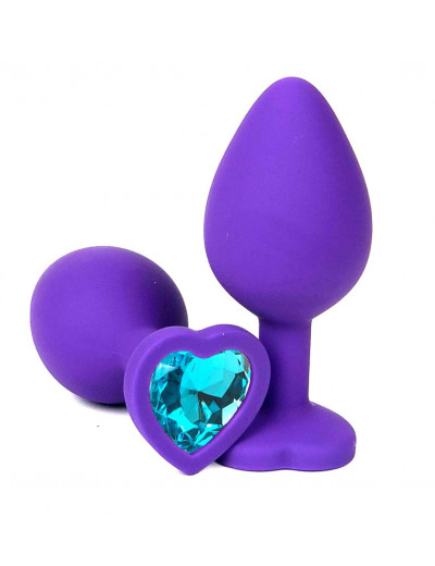 Фиолетовая силиконовая анальная пробка с голубым стразом-сердцем - 8 см.