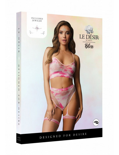 Эротический комплект с наклейкой на лицо Bra Set With Garters   Dazzling Sticker