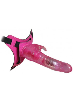 Розовый страпон 10 Mode Vibrations 8.5  Harness Rabbit Dong - 19 см.