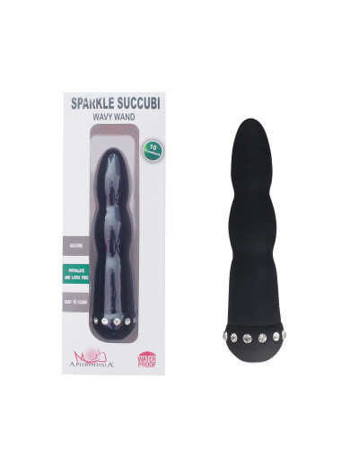 Черный вибратор WAVY WAND со стразами - 14 см.