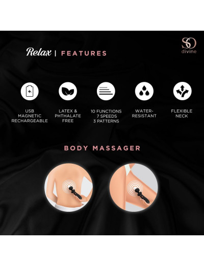 Черный вибратор So Divine Relax Portable Massage Wand - 24 см.