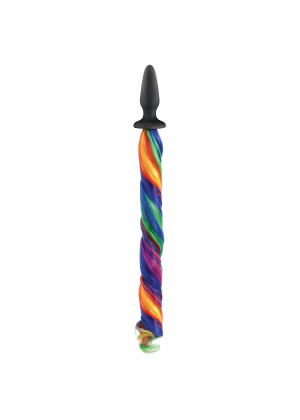 Чёрная анальная пробка с радужным хвостом Unicorn Tails Rainbow