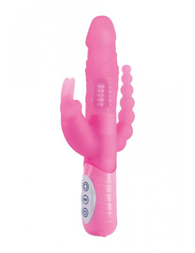 Розовый вибратор-кролик с анальным стимулятором SLIMLINE TRIPLE PLAY - 15,5 см.