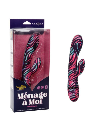 Черный вибратор-кролик Menage ? Moi Dual Wand с ярким принтом - 21 см.