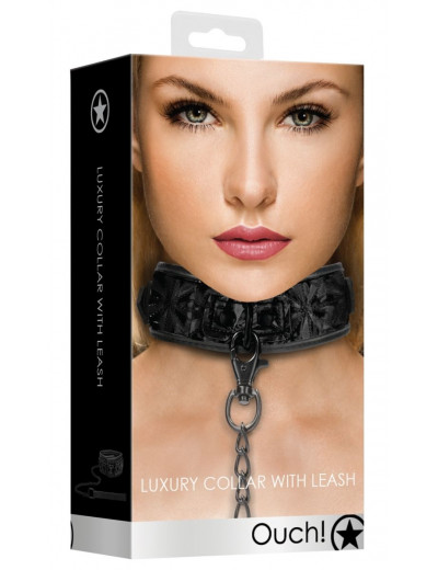 Черный широкий ошейник с поводком Luxury Collar with Leash