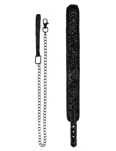 Черный широкий ошейник с поводком Luxury Collar with Leash